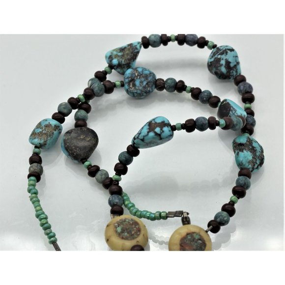 925 STERLING TURQUOISE antique,primitive, native,handmade necklace 17" 23.5 gram - Picture 4 of 10